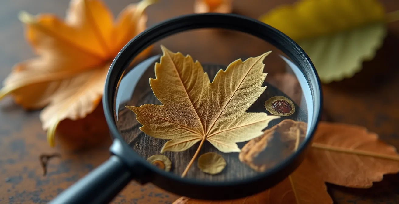 Loupe examinant des plantes séchées avec détails botaniques visibles