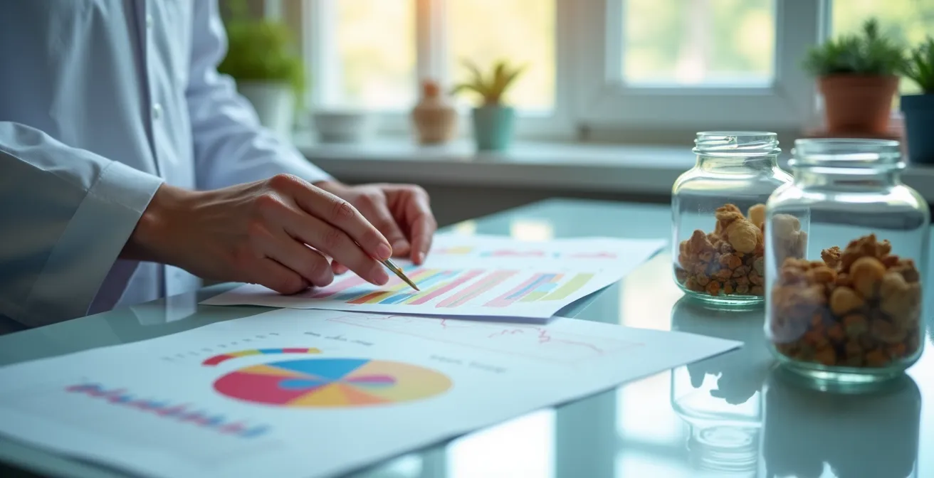 Mains consultant des documents avec graphiques colorés et plantes en arrière-plan