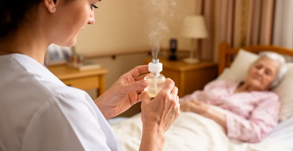 Aide-soignante ajustant un diffuseur d'huiles essentielles dans une chambre d'EHPAD