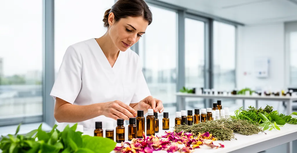 Infirmière examinant des flacons d'huiles essentielles lors d'une formation aromathérapie professionnelle